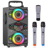 1 x RAW Customer Returns Karaoke Machine with 2 Wireless Microphones Portable PA System Large Bluetooth Speaker with LED Lights, Remote Control Support Bass Treble Adjustment, FM Radio, REC for Adult Kids - RRP €98.18