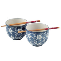 4 x Brand New Panbado 4-piece porcelain dinner service set, includes 2 porcelain bowls for noodles, ramen and 2 pairs of chopsticks for 2 people, Japanese soup bowl, cereal bowls, flower pattern, blue - RRP €87.96