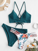 1 x RAW Customer Returns ZAFUL Women s Two-Piece Bikini Set with Adjustable Bra Push-Up Back, Triangle Bustle Swimming Trunks with Floral Pattern Peacock Blue, S  - RRP €42.99