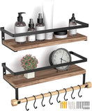 1 x RAW Customer Returns QILICZ wooden wall shelf, floating shelf - set of 2 shelves with towel holder and 8 wall hooks, ideal for kitchen, living room, bathroom and other wall decoration - RRP €31.76