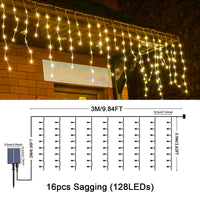 1 x RAW Customer Returns JIMACRO Solar Outdoor String Lights, 16pcsx0.8M 128 LED Curtain Fairy Lights, 5M Waterproof Solar Decoration Lights Garland, 8 LED Modes Solar Fairy Curtain Lights Christmas Outdoor - RRP €24.37