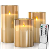 2 x RAW Customer Returns SUNNEST LED flameless candles in glass, battery operated, with remote control and timer function, realistic, warm light with flame shaking effect, set of 3 wax pillar candles, gold - RRP €42.16