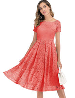 1 x RAW Customer Returns DRESSTELLS Women s Elegant For Wedding A Line Lace Dress, Cocktail Dresses Festive, Knee-Length Evening Dresses, Off Shoulder Evening Dresses, Short Sleeve Swing Pleated Skirt, Coral 3XL - RRP €44.84