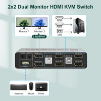 1 x RAW Customer Returns Dual Monitors HDMI KVM Switch 2 Computers, Supports EDID, 4K 60Hz HDMI KVM Switch 2 PC 2 Monitors Extended Display with Audio Microphone Output and 3 USB Ports, PC Monitor Keyboard Mouse Switcher - RRP €84.54