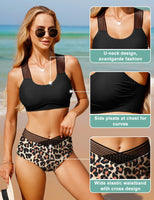 1 x RAW Customer Returns UMIPUBO Women s Swimsuit High Waist Two Piece Bikini Set Sporty Raceback Bikini Top Sexy Push up Padded Bra Swimwear Beachwear Swimwear Beach Clothes Leopard Print, M  - RRP €29.94