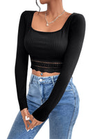 1 x RAW Customer Returns GORGLITTER Women s Crop T-Shirts Crop Tops Long Sleeve Tops with Lace Insert Slim Crop Shirt Long Sleeve Autumn Shirt Pullover Black S - RRP €24.19