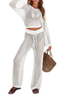 1 x RAW Customer Returns Viottiset Women Bikini Coverups Set 2-Piece Crochet Long Sleeve Crop Top Wide Leg Pants Beach Outfits Summer White S - RRP €27.19