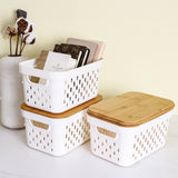 1 x RAW Customer Returns Kerhouze set of 4 storage boxes with bamboo lids, bathroom plastic storage baskets, for organizing storage box with handle for shelves kitchen, white, stackable, 26.2 x 17.3 x 13.4 cm - RRP €32.71