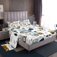 1 x RAW Customer Returns 3 Piece Single Bed Sheet Set - Construction Machinery Tractor, Digger, Truck, etc. Cartoon Style - White and Yellow - Fitted Sheet with Deep Pocket - RRP €36.12