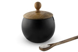 1 x RAW Customer Returns GoCraft Sugar Bowl with Wooden Lid and Spoon for Home and Kitchen, Drum Shape Matte Black Finish  - RRP €20.15