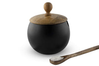 1 x RAW Customer Returns GoCraft Sugar Bowl with Wooden Lid and Spoon for Home and Kitchen, Drum Shape Matte Black Finish  - RRP €19.79