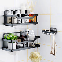 2 x RAW Customer Returns Shower shelf without drilling, 3 piece bathroom organizer set, shower shelf without drilling, black with soap dish, hooks and adhesive, rust-proof stainless steel shower shelf, shower basket for bathroom, kitchen - RRP €20.14