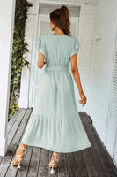 1 x RAW Customer Returns Awemeal Dress Women Summer Elegant V-Neck Short Sleeve Long Summer Dress Boho Floral Dress with Belt Ruffle Hem Wrap Dress Beach Dress A Line Flowing Maxi Dress M, Green  - RRP €40.33