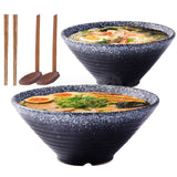 1 x RAW Customer Returns Japanese 9 Inch Ceramic Ramen Noodle Soup Bowl, 2 Sets 6 Pieces 1600ml Multi-Purpose Bowl with Matching Spoon and Chopsticks for Instant Noodles, Soup, Noodle, Pho, Udon and Soba Black  - RRP €36.29