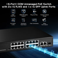 1 x RAW Customer Returns Binardat 19-Port POE Switch, 16 100Mbps POE Ports, 2 Gigabit Uplink, 1 Gigabit SFP, IEEE802.3af at, 300W Internal Power, Unmanaged Plug and Play Metal - RRP €75.62