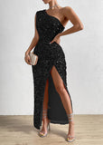 1 x RAW Customer Returns Justchicc Women s Sexy One Shoulder Sleeveless Sparkling Sequin Party Dress Maxi Dress Black Medium - RRP €70.21