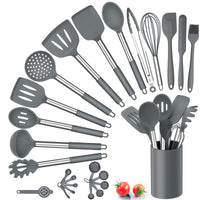 1 x RAW Customer Returns Herogo kitchen utensil set, 25 pieces silicone kitchen utensils with holder, heat-resistant cooking cutlery set with stainless steel handle, non-stick cooking utensils kitchen set, storage container, gray - RRP €28.22