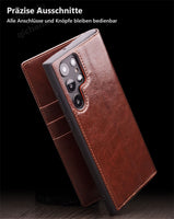 1 x RAW Customer Returns qichenlu Robust cowhide retro brown genuine leather folding case for Galaxy S23 Ultra, certified genuine leather cell phone case with card slot stand, book flip cover wallet case for Samsung Galaxy S23 Ultra - RRP €35.92