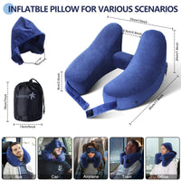 1 x RAW Customer Returns Sunany Neck Pillow Inflatable Travel Pillow Comfortably Supports Head, Neck and Chin, Airplane Pillow with Soft Velor Cover, Hat, Portable Drawstring, 3D Eye Mask and Earplugs Blue  - RRP €29.23