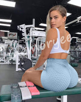 1 x Brand New Memoryee Women s Honeycomb Ruffled High Waist Yoga Shorts Gym Leggings Workout Tummy Control Running Tights Sky Blue XL - RRP €24.0