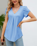 1 x Brand New Women s Summer Petal Short Sleeve T-Shirt V-Neck Elegant Blouse Ruffled Printed Tunic Tops Top 2023, A Blue, S - RRP €21.28