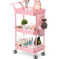 1 x RAW Customer Returns Kingrack storage trolley 3-tier, kitchen trolley, kitchen cart, plastic organizer, trolley with handles, multi-purpose trolley with locking wheels, pink - RRP €46.8