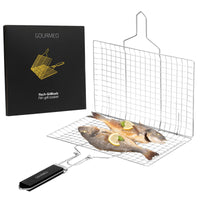 1 x RAW Customer Returns GOURMEO stainless steel grill tray - fish, meat vegetable grill basket with wooden handle brush - rust-proof accessories baskets for grilling for gas grills and other types of grills - RRP €25.2