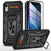 1 x RAW Customer Returns BXKM iPhone XR Case with 1 Tempered Glass, Shockproof Military Grade Protection Camera Protection Case with Ring Holder Metal Rotating Cover for iPhone XR 6.1 inch Black  - RRP €21.6