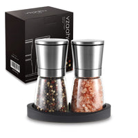 1 x RAW Customer Returns Vzaahu Salt and Pepper Mills Set of 2 with Ceramic Core, with Storage Base, Silver, Adjustable Coarseness, Portable, Refillable Spice Grinders, Birthday in the Kitchen, Housewarming Gifts - RRP €19.92