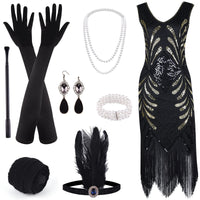 1 x RAW Customer Returns ELECLAND 1920s V-neck Sequin Beaded Fringe Dress with 20s Accessories Set Black, Small  - RRP €37.89