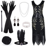 1 x RAW Customer Returns ELECLAND 1920s V-neck Sequin Beaded Fringe Dress with 20s Accessories Set Black, Small  - RRP €37.89