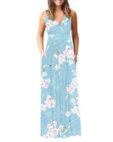 3 x RAW Customer Returns AUSELILY Maxi Dress Women Summer Sleeveless Dress Long Elegant Deep V-Neck Evening Dress with Pockets Floral Light Blue S - RRP €93.75