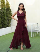 1 x RAW Customer Returns Meetjen Cocktail Dresses Elegant for Wedding Guest V-Neck Long Chiffon Lace Dress Prom Dress Sleeveless Burgundy 2XL - RRP €54.99