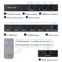 1 x RAW Customer Returns HDMI Switch Splitter 2 in 4 Out, HDMI Distributor Switch with Remote Control and SPDIF 3.5m Audio Out, Supports 4K 60Hz HDCP2.2 HDR, for PC Monitors PS4 TV Laptop Xbox - RRP €46.99