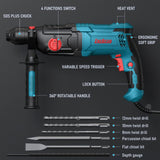 1 x RAW Customer Returns ENEACRO SDS-Plus Rotary Hammer, 6 Variable Speeds with 4 Functions, Safety Clutch, Drilling Capacity of 26 mm in Concrete - Includes 3 Drill Bits, 2 Chisels and Blue Boxes - RRP €95.99