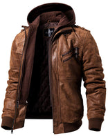 1 x RAW Customer Returns FLAVOR Genuine Leather Jacket Men Removable Hoodie XL, Brown  - RRP €169.99