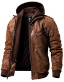 1 x RAW Customer Returns FLAVOR Genuine Leather Jacket Men Removable Hoodie L, Brown  - RRP €169.99