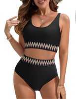 1 x RAW Customer Returns UMIPUBO Bikini Set Women Tummy Control Push Up Swimwear High Waist Bikinis Retro Swimsuit with Wave Pattern Big Breasts Swimsuit Beach Bikini Black, L  - RRP €35.99