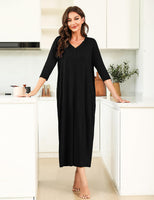 1 x RAW Customer Returns Leversic Women s Nightgown V-Shaped Nightgowns in Cotton with Pockets, Women s Clothes Comfortable Loose Solid Color Homewear 3 4 Long Sleeve XXL Black - RRP €22.18