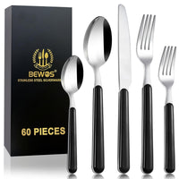 1 x RAW Customer Returns BEWOS cutlery set for 12 people, 60-piece cutlery set black including knife, fork, spoon, colored handles camping cutlery, dishwasher safe - RRP €38.3