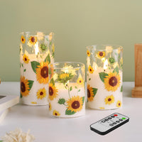 1 x RAW Customer Returns Eywamage Sunflower LED Glass Candles with Remote Control, Flickering Flameless Battery Candles, Set of 3 3 H 4 5 6  - RRP €27.22