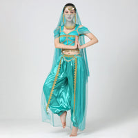 1 x RAW Customer Returns IMEKIS Women s Jasmine Costume Aladdin Princess Cosplay Dress Halloween Dress Up Fancy Carnival Party Outfit Crop Top with Pants Headscarf Arabian Belly Dance Costume Green M - RRP €53.65