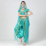 1 x RAW Customer Returns IMEKIS Women s Jasmine Costume Aladdin Princess Cosplay Dress Halloween Dress Up Fancy Carnival Party Outfit Crop Top with Pants Headscarf Arabian Belly Dance Costume Green M - RRP €53.65