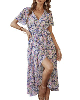 1 x RAW Customer Returns Women s Summer Long Dress V-Neck Short Sleeve Floral Maxi Dress A-Line Ruffle Summer Dress Slit Belt Boho Beach Dress Wrap Dress 2023, B Apricot, M - RRP €34.27