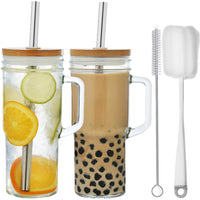 1 x RAW Customer Returns ALINK 2pcs 710ML Mugs with Handle, Lid and Straw - Reusable Mason Jar Drinking Glasses for Iced Coffee, Smoothies, Beer, Juice and Tea - White Lid - RRP €19.15