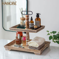 1 x RAW Customer Returns Hanobe decorative tray wooden stand brown wooden tray large rectangular with 2 levels farmhouse decorative tray vintage shabby serving trays for home coffee corner shower room - RRP €31.98