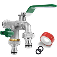 1 x RAW Customer Returns SPGOOD garden faucet, double outlet tap 1 2 inch, made of brass, rust- and frost-proof, with 2 x hose connections, 1 x roll sealing tape, double connection and hose nozzle for, for the garden green  - RRP €17.95