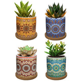 1 x RAW Customer Returns Lewondr Ceramic Succulent Pots, 4 Pieces 7 cm Cactus Plant Pots Mini Flower Pots Set with Bamboo Coasters Miniature Planter Container Decorations for Home Office Balcony - Mandala 01 Colorful - RRP €26.99