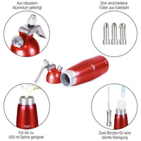 1 x RAW Customer Returns Amazy cream dispenser including 3 stainless steel nozzles 2 cleaning brushes professional cream siphon made of aluminum for the preparation of whipped cream, cream, mousse, espuma Co. Red 500 ml  - RRP €18.19