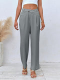 1 x RAW Customer Returns Feziakuk Women s Palazzo Pants Solid Color Wide Leg Pants Casual Fabric Pants Fashion Button Suit Pants Leisure Pants, Gray L - RRP €36.29